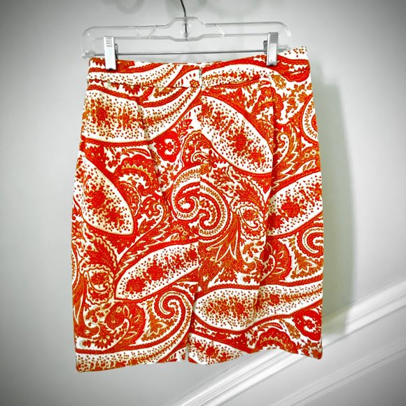 J. Crew Orange Paisley Stretch Cotton Pencil Skirt - Picture 2 of 9